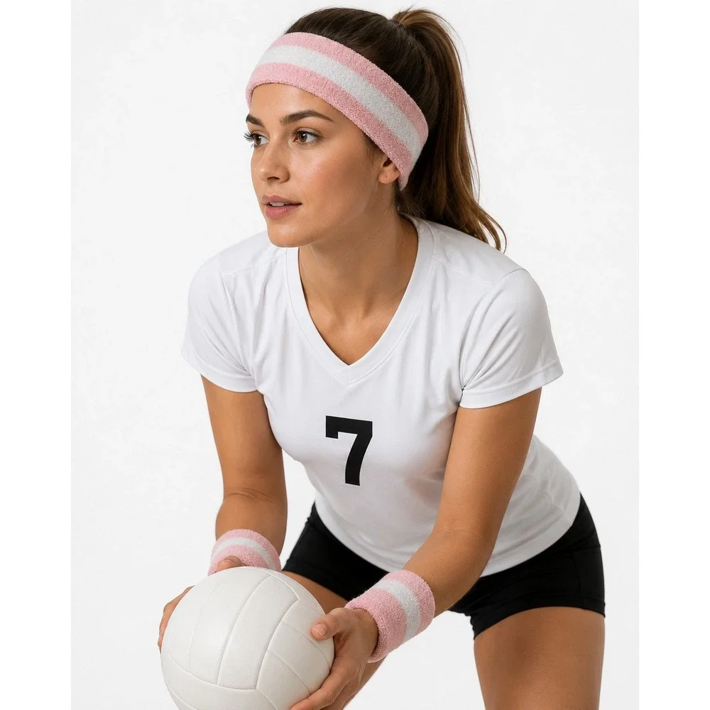 Pink White Striped Terry Cloth Sweatband 3 sets Headbands Wristbands Athletic